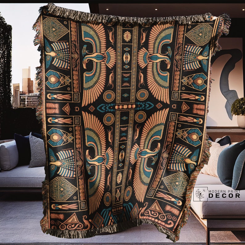 Egyptian Woven Throw Blanket Cotton Woven Tapestry Boho Blanket, Picnic