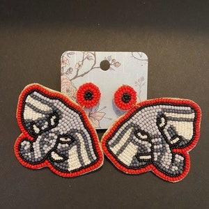Red Black and Gray Beaded Game Day Earrings