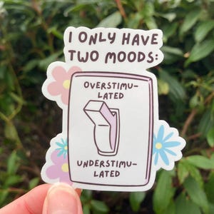 May include: A white sticker with the text "I only have two moods: Overstimulated, Understimulated." The sticker has a pink border and features a cartoon image of a carton of milk pouring into a glass. Pink and blue flower accents surround the sticker.