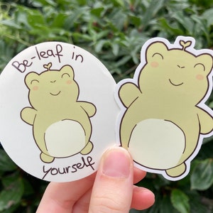 Cute frog sticker "Beleaf in yourself". Positive mental health affirmation sticker set. Waterproof vinyl laptop sticker.