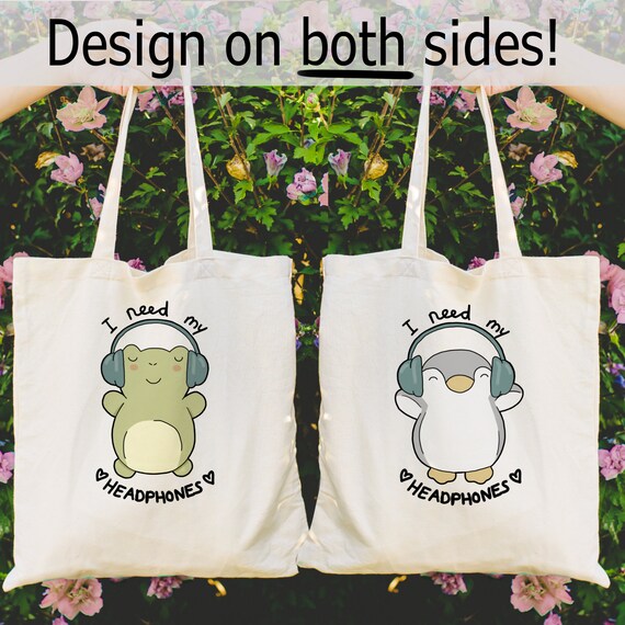 Cute penguin and frog tote bag "I need my heaphones". Cotton canvas tote bag.  Actually autistic, ADHD, neurodivergent, HSP, music lover.