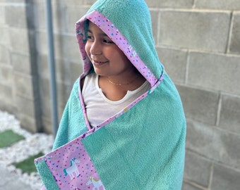 Aqua Pink Unicorn Hooded Towel - Kids hooded Towel - Toddler Towel - Baby Towel - Bath Towel – Hooded Towel