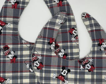 Babero reversible para bebé: Mickey y Minnie Mouse a cuadros, tela de rizo suave