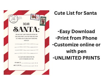 PRINTABLE Letter to Santa, Christmas Wish List, Kids Letter to Santa, Easy Download