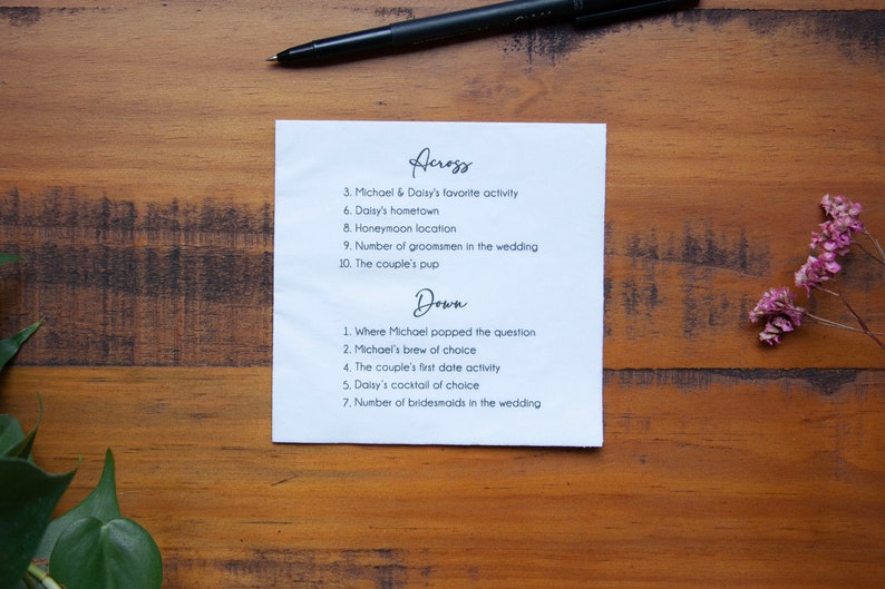 Custom Crossword Napkins for Wedding Wedding Sip and Solve Puzzle