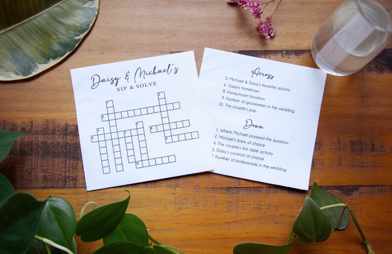 Custom Crossword Napkins for Wedding Wedding Sip and Solve Puzzle Personalized for Bridal Shower