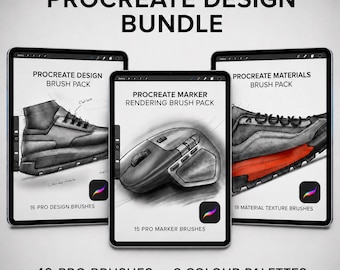 Procreate Pinsel-Bundle für Produktdesign — 49 Pinsel | Skizzieren, Marker & Materialien | 3 Farbpaletten