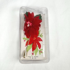 Vintage Christmas Poinsettia Stick Pin Red Velvet Flower In Box Costume Jewelry