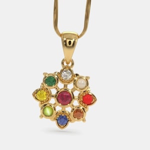 Navratan 18kt Gold Pendant for women,Diamond and navratna Chain pendant,Lenth size 18&quot; inch with chain,Flower Design Gold pendat for gift,