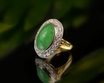 Vintage Jadeite Jade Ring with Zircon | Sterling Silver 925 | Green Gemstone Ring | Art Deco Style | Gift for Her | Statement Jade Ring