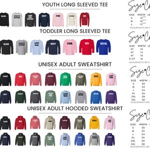 a collection of various youth and adult sweatshirts and hooded sweatshirts in different colors and sizes, organized into three separate size charts.