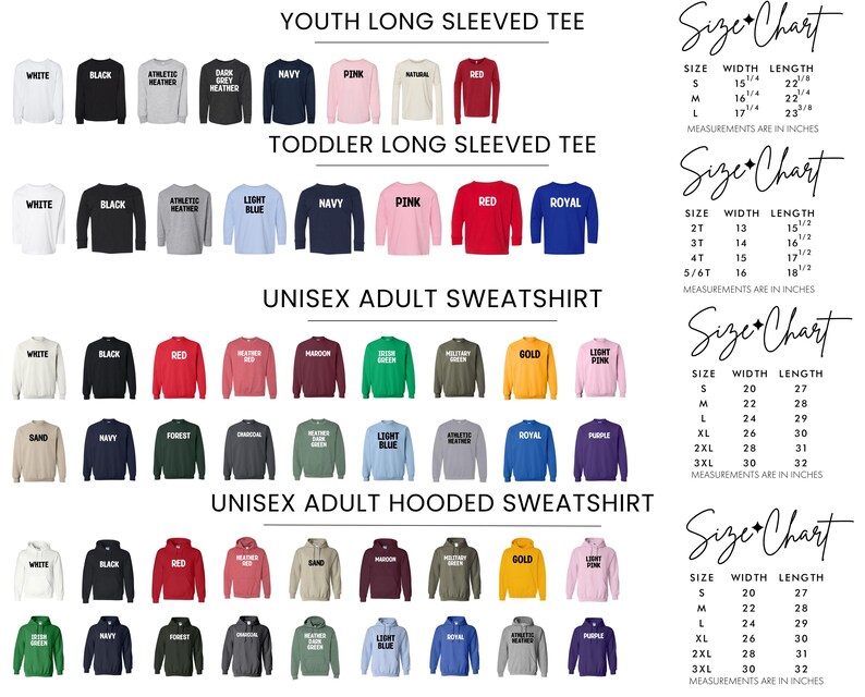 a collection of various youth and adult sweatshirts and hooded sweatshirts in different colors and sizes, organized into three separate size charts.