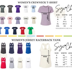 a collection of women's clothing items, including a crewneck t-shirt and a jersey racerback tank, with size charts and measurements provided.