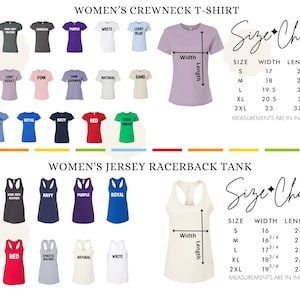 a collection of women's clothing items, including a crewneck t-shirt and a jersey racerback tank, with size charts and measurements provided.
