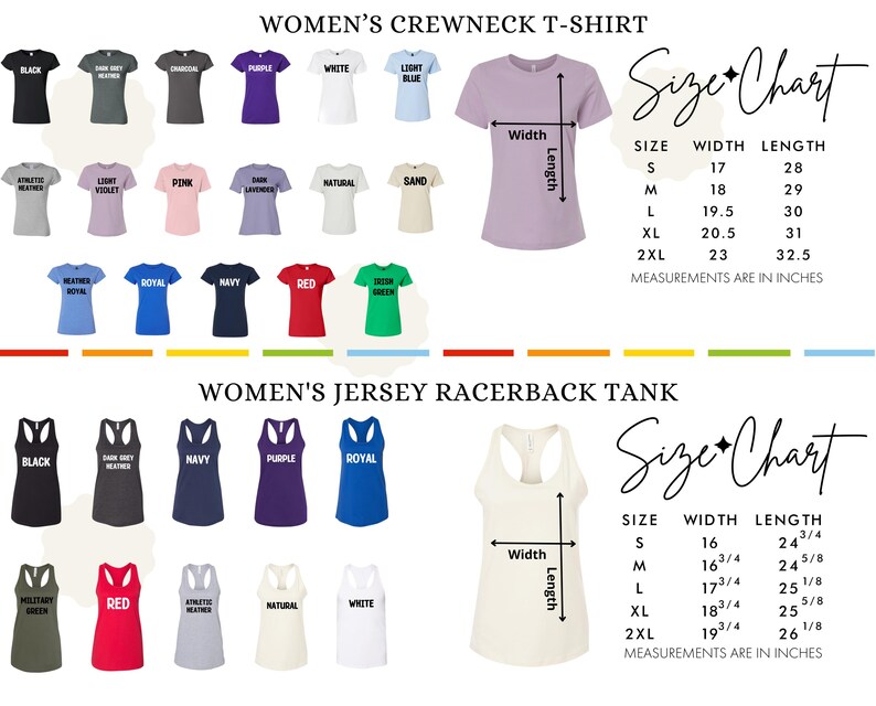 a collection of women's clothing items, including a crewneck t-shirt and a jersey racerback tank, with size charts and measurements provided.