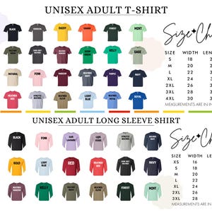 The image is a collage of various adult t-shirt designs, including different colors, patterns, and sizes, presented in a size chart format.