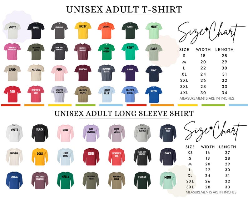 The image is a collage of various adult t-shirt designs, including different colors, patterns, and sizes, presented in a size chart format.