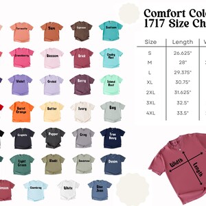 The image is a 1717 Size Chart that displays a variety of colorful t-shirts in different sizes, along with their corresponding widths and lengths.