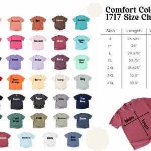 The image is a 1717 Size Chart that displays a variety of colorful t-shirts in different sizes, along with their corresponding widths and lengths.