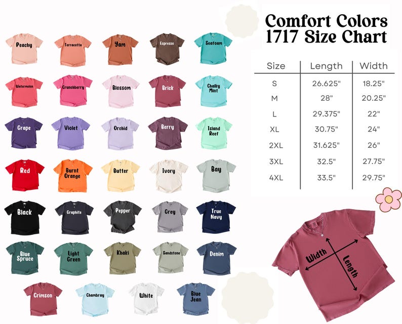 The image is a 1717 Size Chart that displays a variety of colorful t-shirts in different sizes, along with their corresponding widths and lengths.