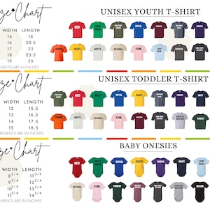 three separate size charts for different types of clothing: a youth t-shirt chart, a toddler t-shirt chart, and a baby onesie chart. Each chart displays a variety of sizes and styles of shirts and tops, with measurements provided in inches.