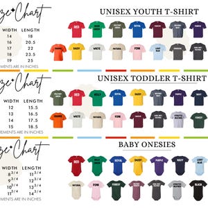 three separate size charts for different types of clothing: a youth t-shirt chart, a toddler t-shirt chart, and a baby onesie chart. Each chart displays a variety of sizes and styles of shirts and tops, with measurements provided in inches.