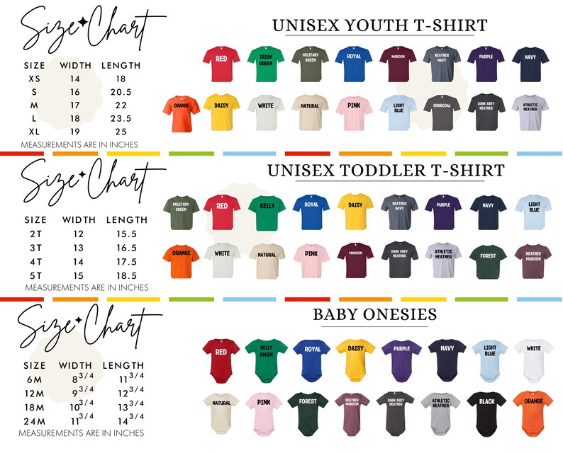 three separate size charts for different types of clothing: a youth t-shirt chart, a toddler t-shirt chart, and a baby onesie chart. Each chart displays a variety of sizes and styles of shirts and tops, with measurements provided in inches.