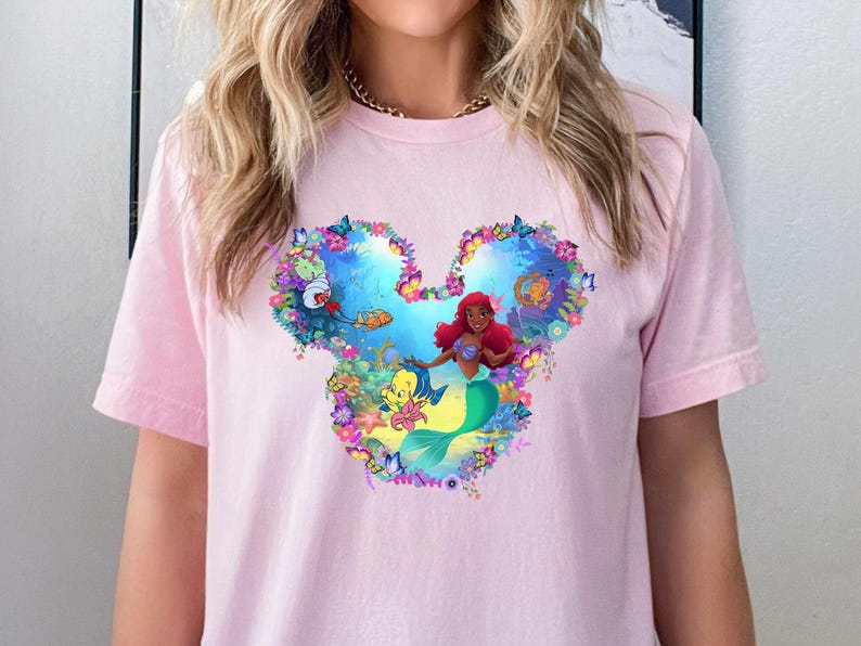 Black Ariel Cotton Shirt: Little Mermaid & Flounder Tee image 1