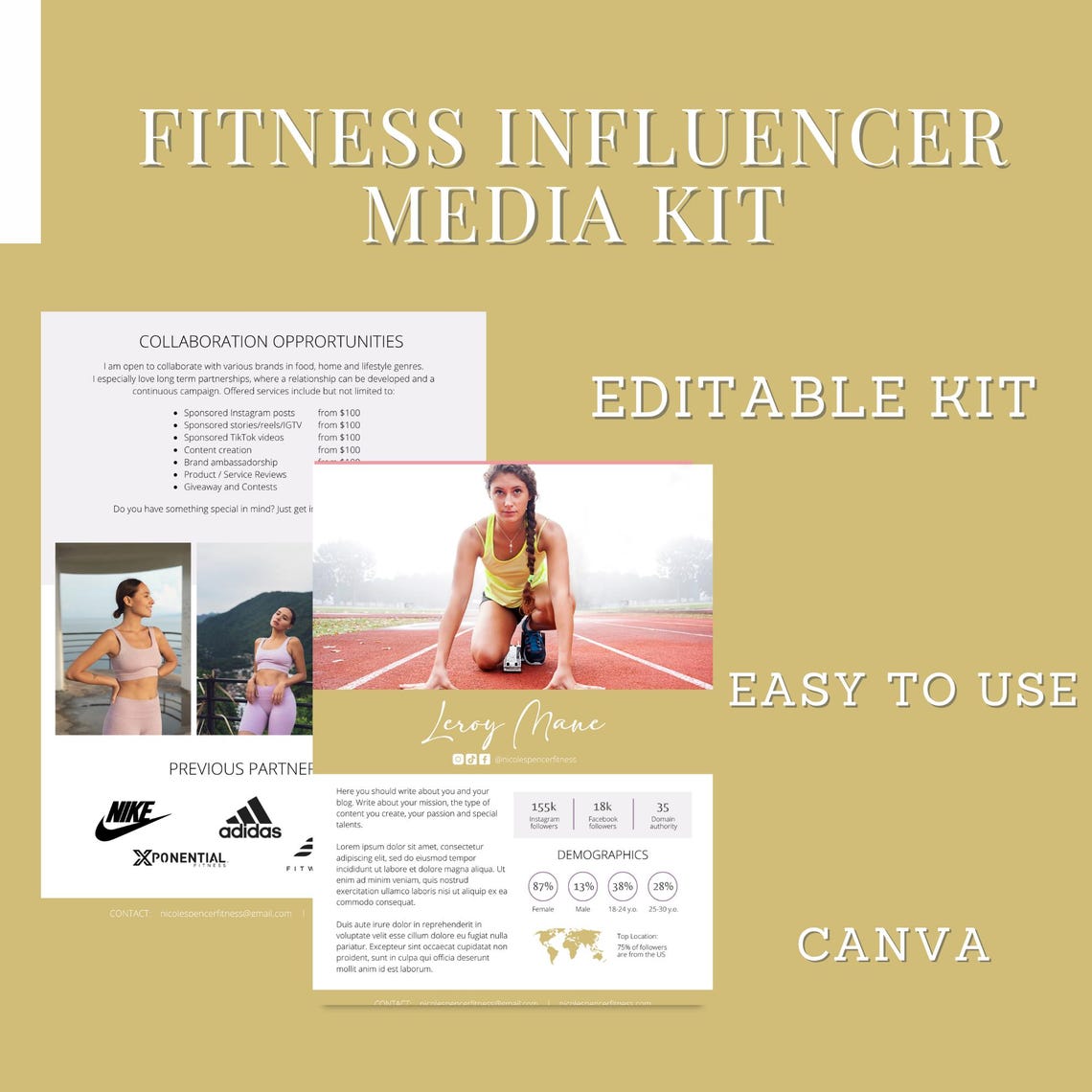 Influencer Roster Sheet Fitness Influencer Media Kit Template | Editable Canva PDF | Stats, Bio ...