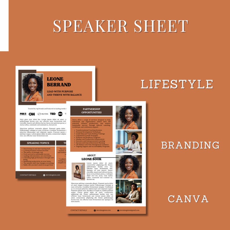 Speaker Sheet Template | Editable Canva PDF | Bio, Topics, Testimonials ...