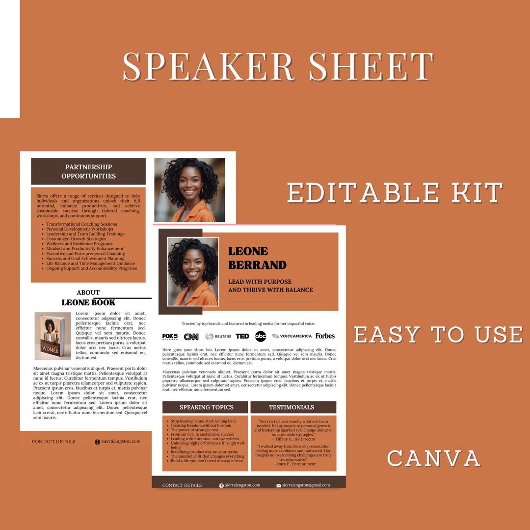 Speaker Sheet Template | Editable Canva PDF | Bio, Topics, Testimonials ...