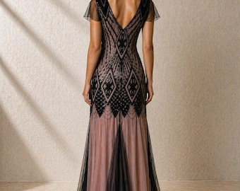 1920s Beaded Art Deco Gown, Black Champagne Gatsby Style Evening Dress UK 12/14 Full Accessory Set  including Jewelry!