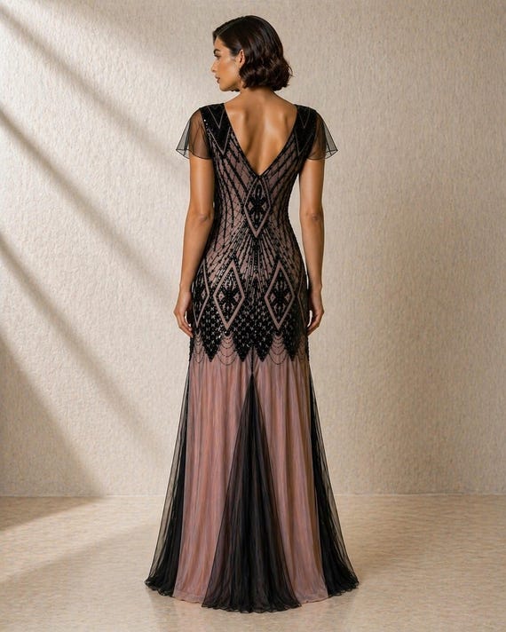 black and champagne formal dresses 1920s Beaded Art Deco Gown, Gatsby Evening Dress UK Plus Size 16 Tall while the simplicity of Fabrication:Jacquard Women's Tie-Front V-Neck Short Size:medium 6- 8Y