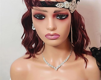 Flapper 1920s Accessories, Feather Headband, Pearl Necklace, Gloves Set