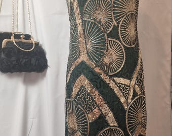 1920s Green & Gold Flapper Dress with Accessories Set UK 10 UK 12/14