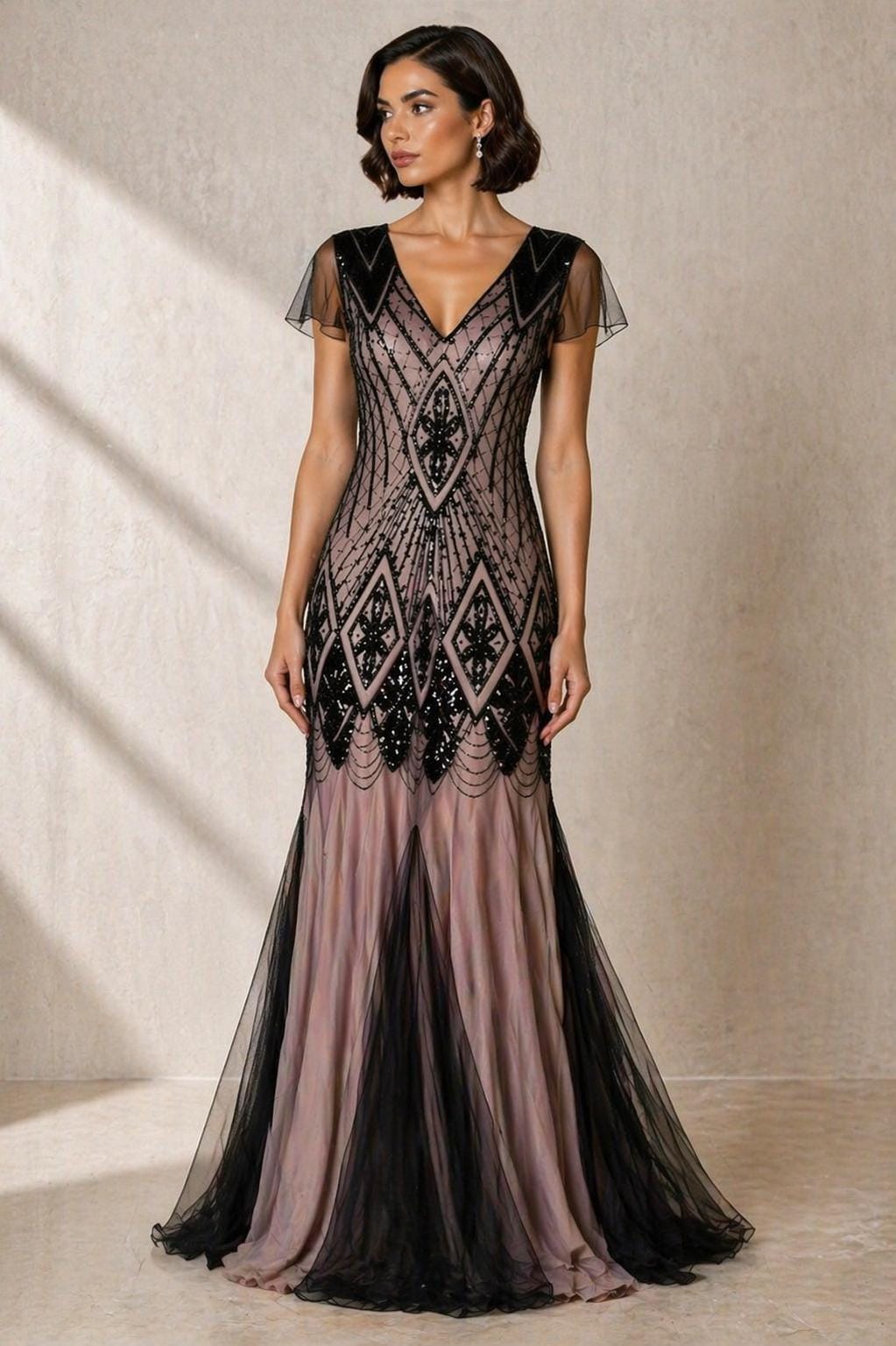 1920s Black Champagne Beaded Art Deco Gown, Gatsby Evening Dress UK ...