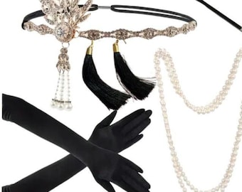1920s Flapper Gatsby Accessory Set: Headpiece, Gloves, Pearls, Cigarette Holder & Earrings