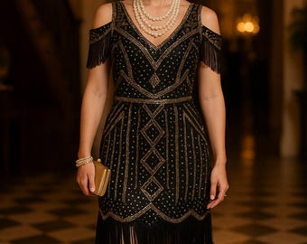 Sequin Flapper Dress | Black & Gold Art Deco Tassel Party Outfit (UK 16)