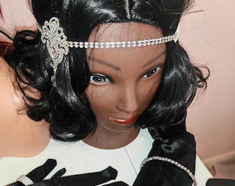 1920s Flapper Rhinestone Accessory Set, Gatsby Headpiece, Gloves, Pearls