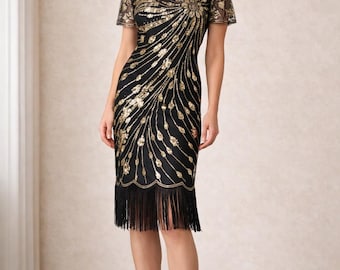 1920s Flapper DressBlack & Gold Sequin Gatsby Party Dress - UK Size 16