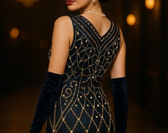 1920s Flapper Dress: Beaded, Sequined, Backless, Art Deco, Gatsby Theme, UK 10 US 6