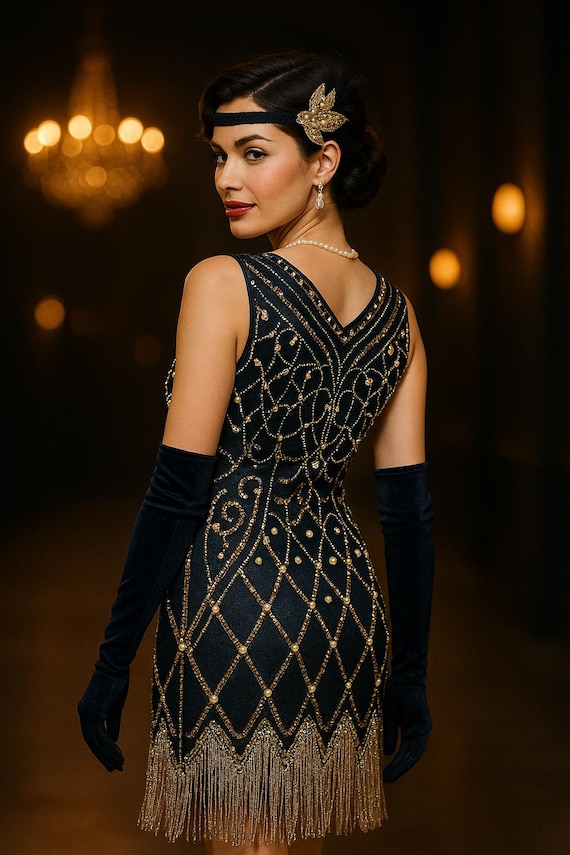 1920s backless flapper dress 1920s Flapper Dress: Beaded, Sequined, Backless, Art Deco, Gatsby Theme, UK  10 US 6