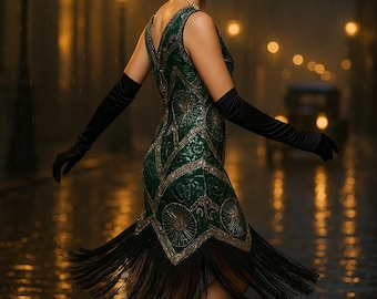 May include: A woman in a green flapper dress with gold embellishments and black fringe. She wears black gloves and a feathered headpiece. The background is a blurred street scene with streetlights.
