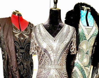 1920s Flapper Dress: Black and Gold Sequin Gatsby  Dress UK 10.