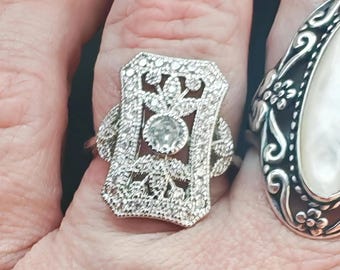 Vintage Victorian Inspired Square silver, multi stone ring. US6 High End Costume Jewellery