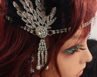 1920s Full Flapper Accessory Set. Gold or Silver. Gatsby Feather Headdress, Gloves, Pearls, Cigarette Holder, Wrap etc
