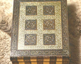Gold Embossed Indian Jewelry Box, Navy Velvet Interior