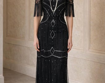Art Deco Beaded Black Evening Dress: 1920s Flapper Style Gown