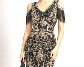 1920s Beaded, Backless, Art Deco, Gatsby Theme, UK 12 14