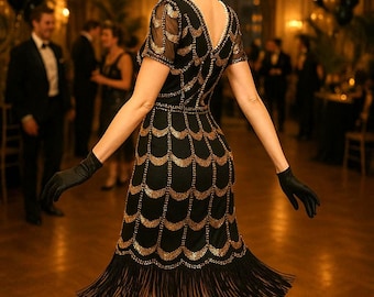 1920s Gatsby Dress, Black & Gold Sequin Flapper Dress, Plus Size 16 and UK 12/14